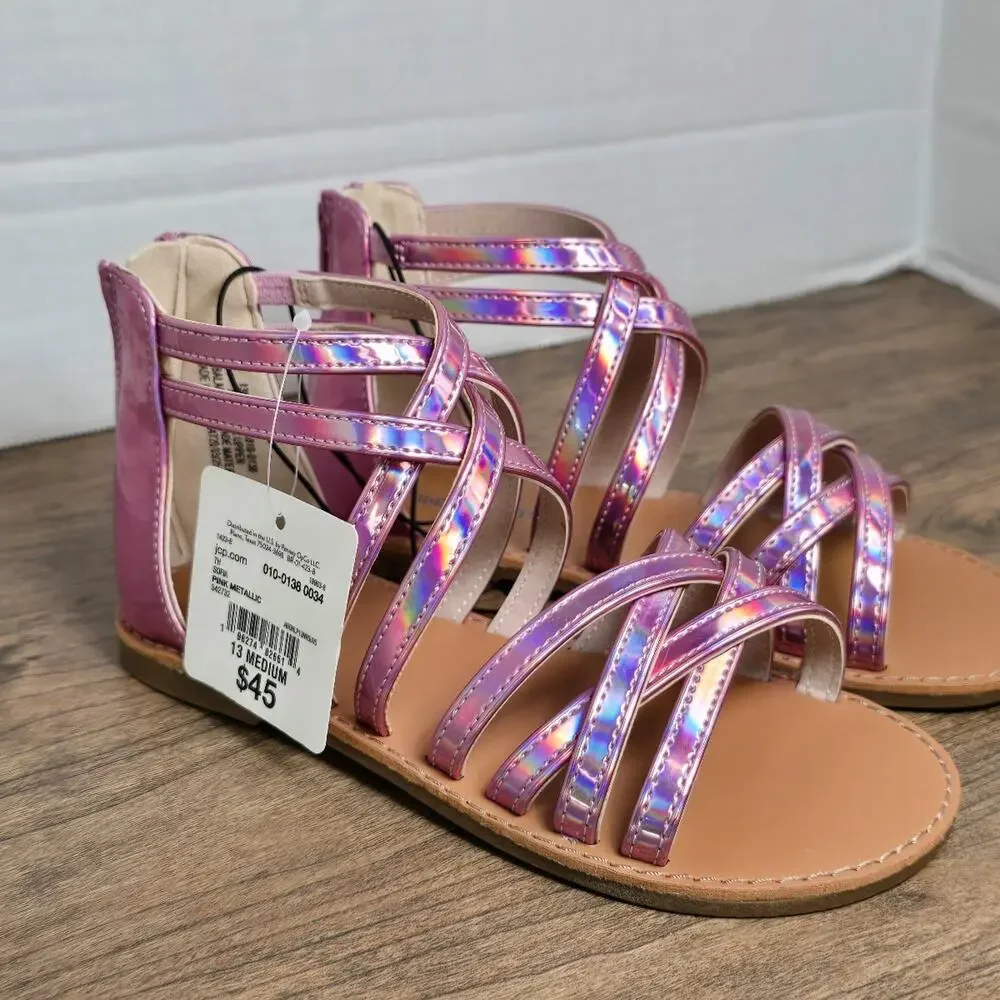 Thereabouts Sofia Girls iridescent strappy flat sandals with zipper back 13M NWT